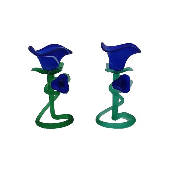 MURANO Cobalt Blue Rose Flower Tulip Art Glass Candle Candlestick Holder Vintage - Picture 8 of 11
